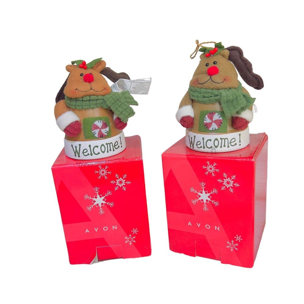 VTG AVON Winter Buddies Holiday‎ 4x3 Ornaments Reindeer Bells Welcome Set of 2